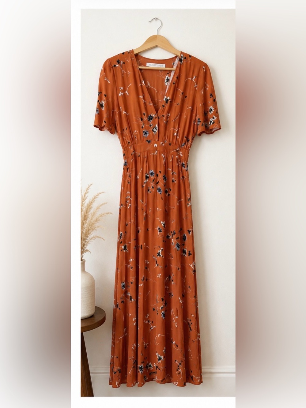 Christy Dawn Rust Floral Maxi Dress with Navy & Cream Accents